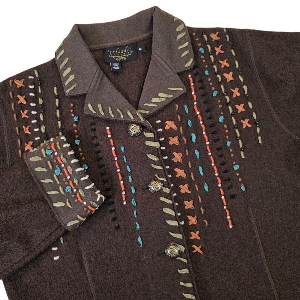 Icelandic Design Women's M Boiled Wool Jacket Brown Embroidered Bead Folk Art